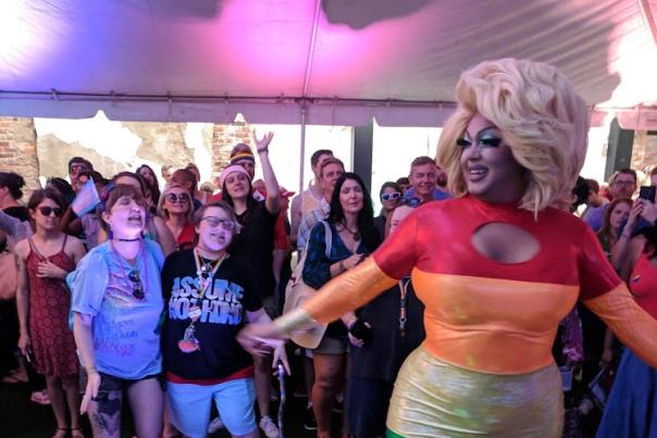Drag Queen Sarah Jessica Darker dancing in front of NKY Pride crowd at Hotel Covington