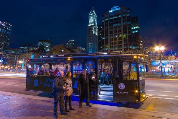 Patrons board the Ghosts and Gravestones tour bus in Boston.