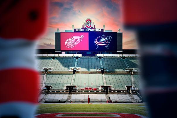 Ohio Stadium with Columbus Blue Jackets and Detroit Red Wings showing on stadium screen