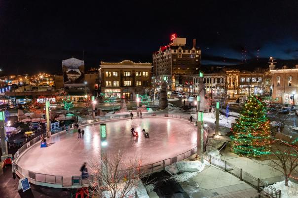 looking down at main street square ice rink in rapid city, south dakota