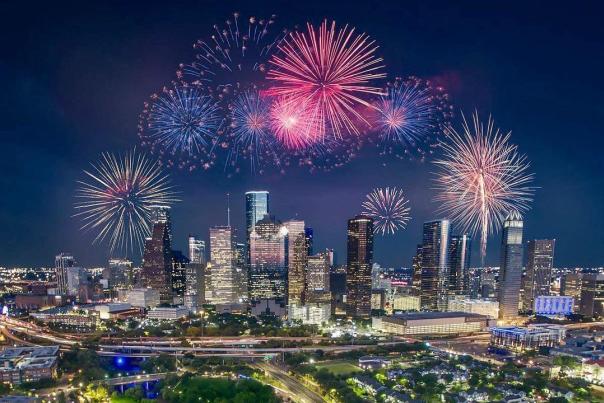 Fireworks light up the night sky over downtown Houston