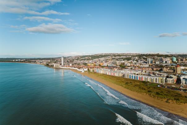 An ariel view of Swansea city and bay