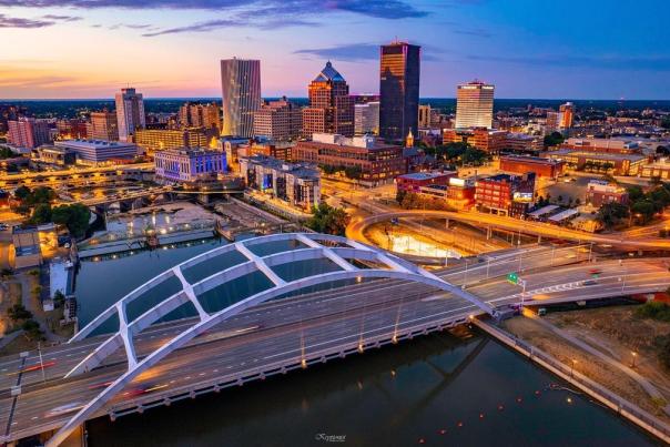 Overhead view of the City of Rochester skyline