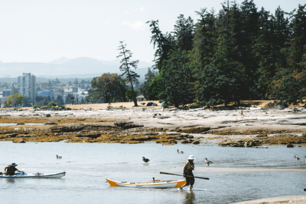 Two people kayaking and returning to shore.