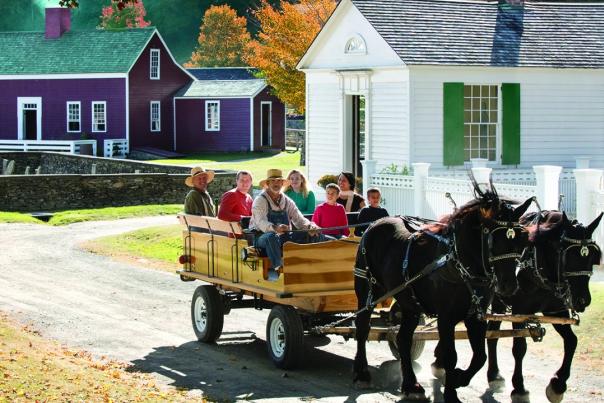 an image of a horse drawn carriage carrying people in front of historic houses with fall leaves behind it