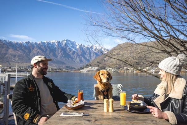 Dog sitting at a restaurant table