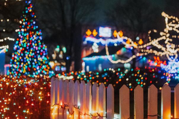 Multi-color lights adorn a large pine tree and trees around a historic house at Crossroads Village