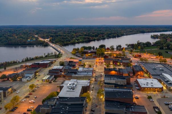 Drone shot of downtown Stevens Point Area