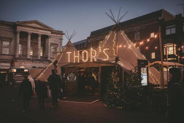 Exterior of Thors tipi bar in Cornhill at Christmas