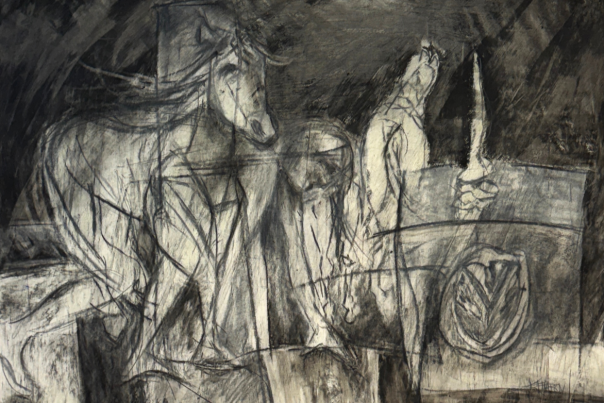 A rough charcoal sketch of a horse on the battlefield.