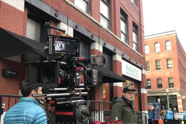 A crew filming at Armory Square in Syracuse