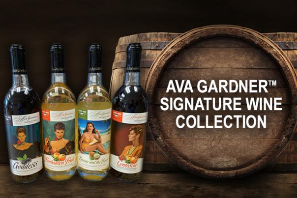 Four bottles of wine next to wooden wine barrels with text over the face of the barrel reading Ava Gardner Signature Wine Collection