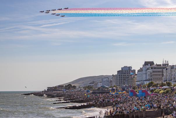 Red arrows fly over Eastbourne seafront at the Airbourne festival