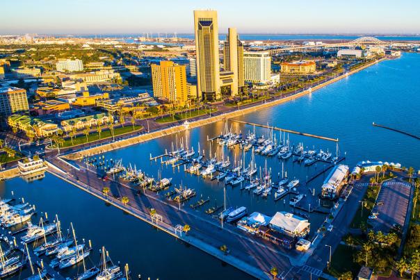 An aerial view of downtown CC and the seawall.