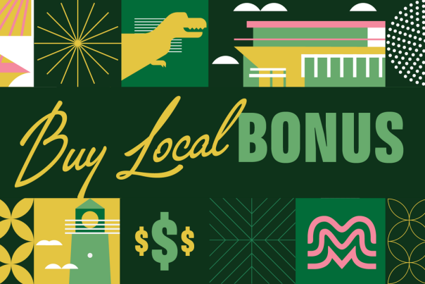 Green-and-gold graphic reading ‘Buy Local BONUS’ surrounded by decorative icons and patterns, including a sailboat, fireworks, a dinosaur silhouette, clouds, a classical building, a dotted circle, shopping bag, dollar signs, and geometric designs.