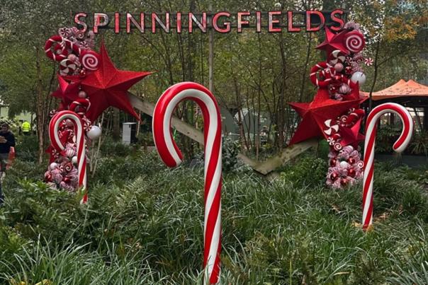 Candy cane light installation at Spinningfields