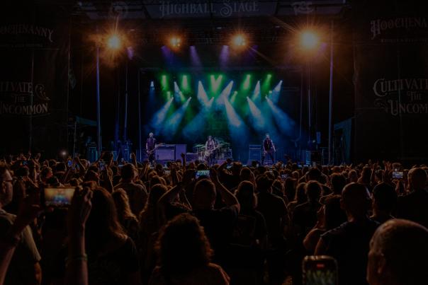 A lively scene from the Hoochenanny Festival with a band performing on stage, illuminated by colorful lights. A large crowd enjoys the show, capturing moments on their phones.