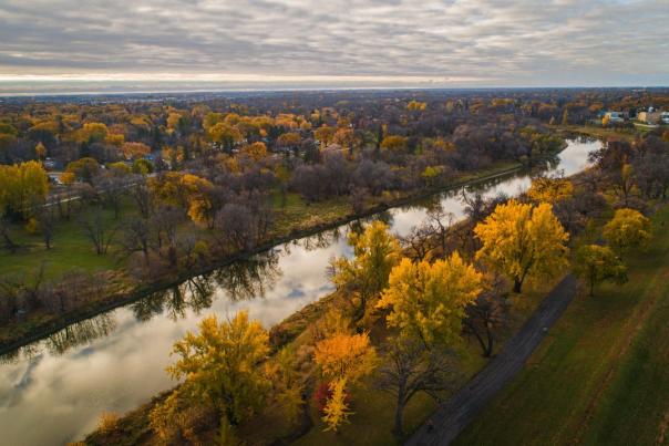 Drone overlooking the Red River in the autumn.