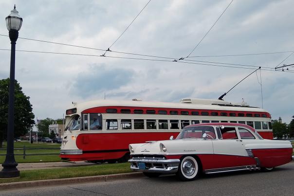Electric Streetcar and a 1956 Mercury Medalist - a photo contest winner