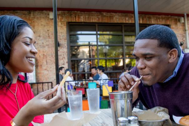 Clocked patio couple