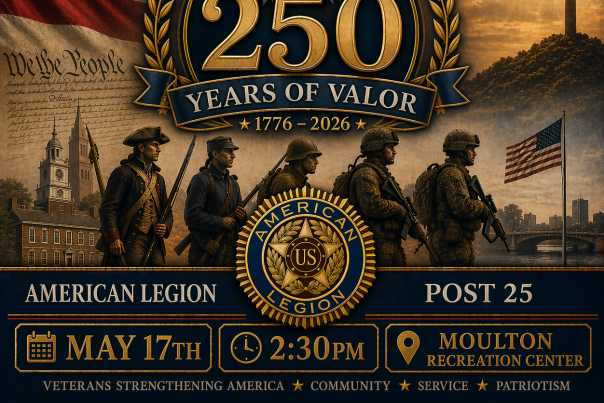 Moulton announces the One Nation under God event on May 17 at 2:30 p.m. The flyer features five soldiers with a flag and a cross in the upper courners.