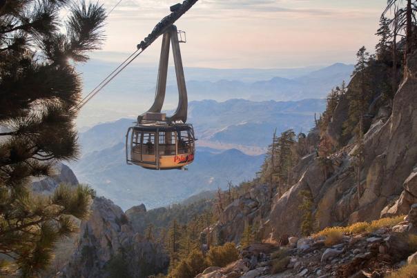 A Palm Springs Aerial Tramway tram car travels through the Chino Canyon to the Mountain Station atop Mt. San Jacinto.
