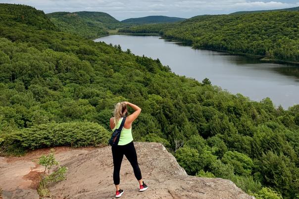 Taking a photo at a rocky outcrop in the Upper Peninsula of Michigan