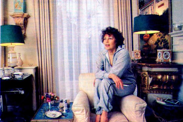 Ava Gardner in her London apartment, 1980s.