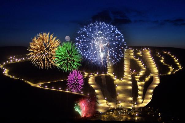 Fireworks at Bristol Mountain Winter Resort at night