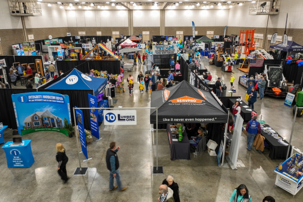An aerial photo of attendees browsing vendor stands at the Home Show, Fort Smith, Arkansas.