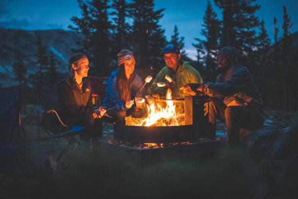 Four people roasting smores over a campfire.