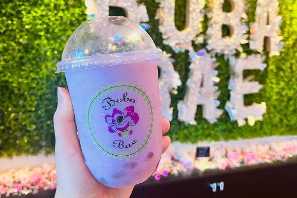 Boba smoothie infront of Boba Bae signage