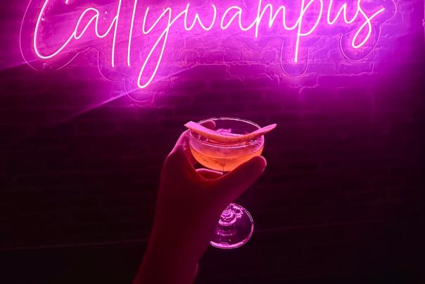 A hand holds a pickle martini underneath a pink LED sign that reads "Cattywampus"