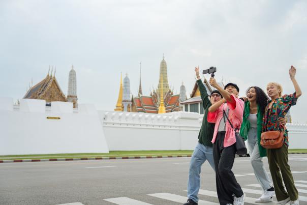 Multi ethnic tourist groups travel in the landmark bangkok thailand.