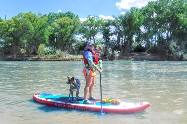 Woman and a dog on a paddleboard