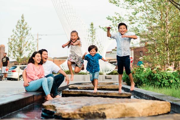 Family enjoying the Kids' Canal at Promenade Park in Downtown Fort Wayne