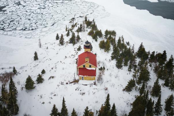 Aerial photograph of Eagle Harbor Lighthouse in Winter