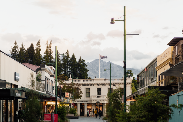 Queenstown down town at dusk with veiws of The Remarkables in the distance