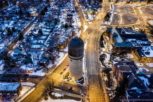 water tower in winter