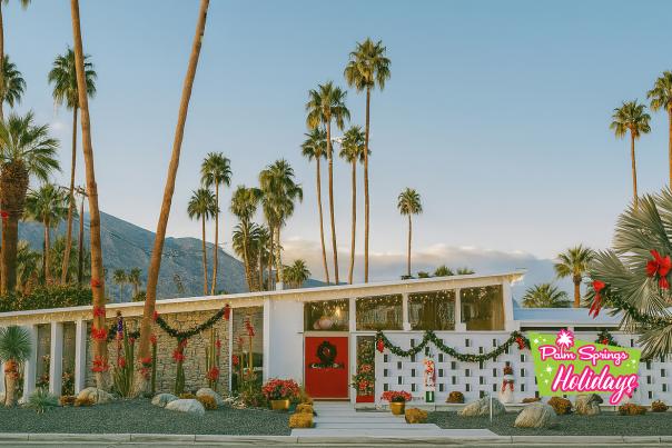 Palm Springs Holidays Home decorated for the holidays with logo