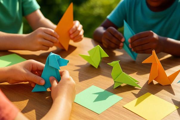 Close up of children learning the ancient art of origmai at Origami in the Gardens, an exhibition coming to the Peace River Botanical Gardens in September of 2025
