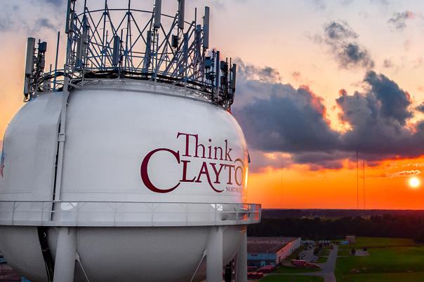 An aerial view of the Clayton water tower at sunset in Clayton, NC.