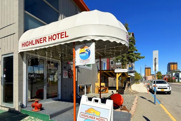 Entrance of the Highliner Hotel in downtown Anchorage, Alaska.
