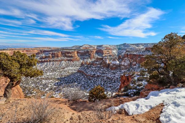 Landscape of Colorado National Monument with Snow and Blue Sky
