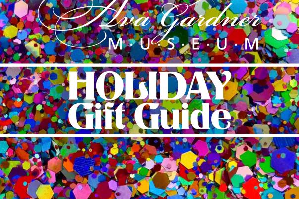 Holiday gift guide cover image with text; confetti background