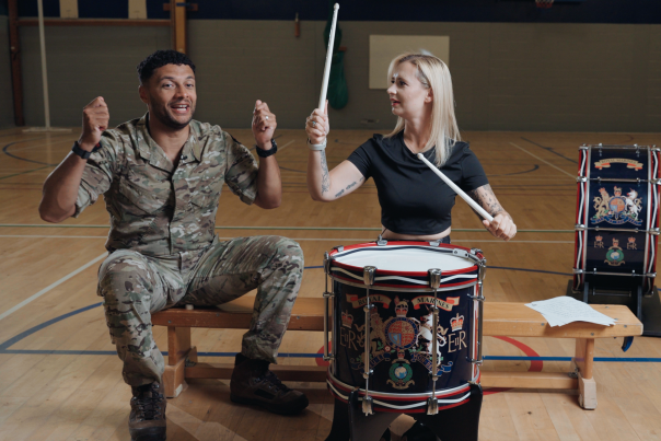 Drumming lessons at the Royal Marines Experience museum in Portsmouth Historic Dockyard