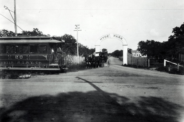 Gated Entrance to Hyde Park in the 1890s, PICA 02628. Courtesy of the Austin History Center, Austin Public Library. Exp Aug 2026.