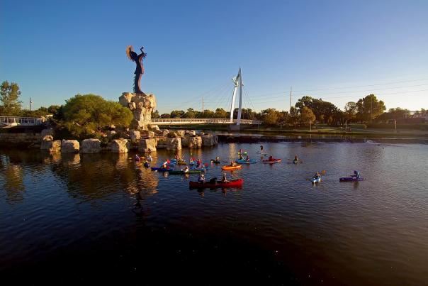 Kayaks on the Arkansas River Near the Keeper of the Plains in Wichita