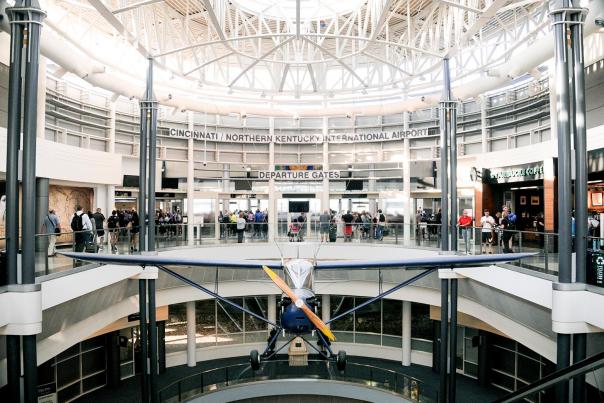 An airplane suspended in front of the gate to departures at CVG - the Cincinnati and Northern Kentucky airport