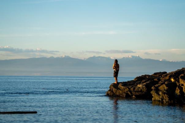 A person staring at the ocean on a rock.